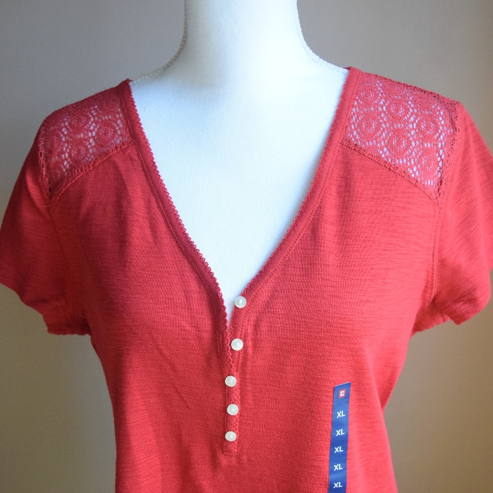 Women's Lace Detail Short Sleeve Button Tee Shirt